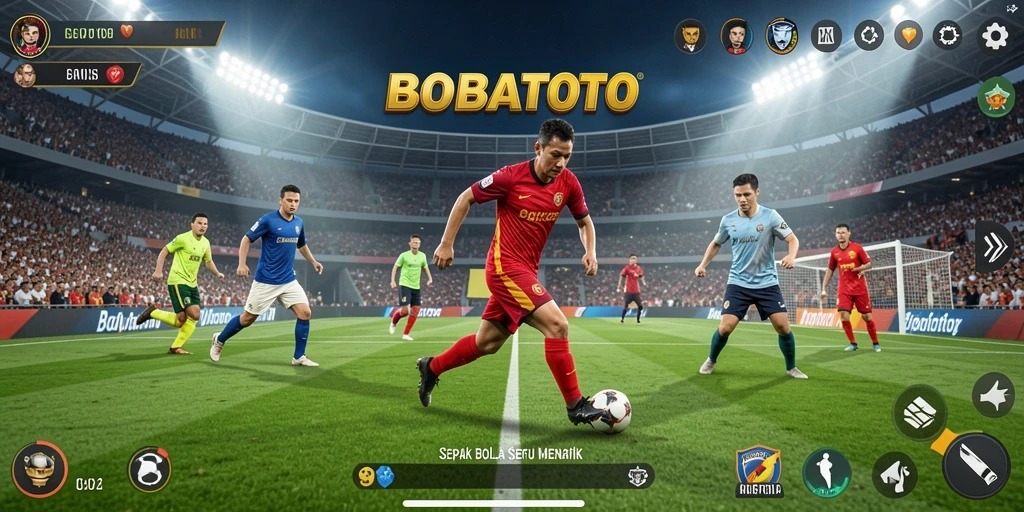 Screenshot dari gameplay BOBATOTO yang menampilkan aksi sepak bola mendebarkan.