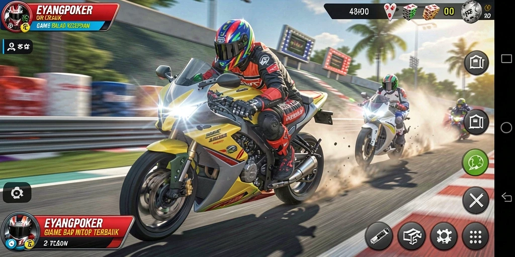 Tampilan gameplay EYANGPOKER yang menegangkan saat balapan motor.