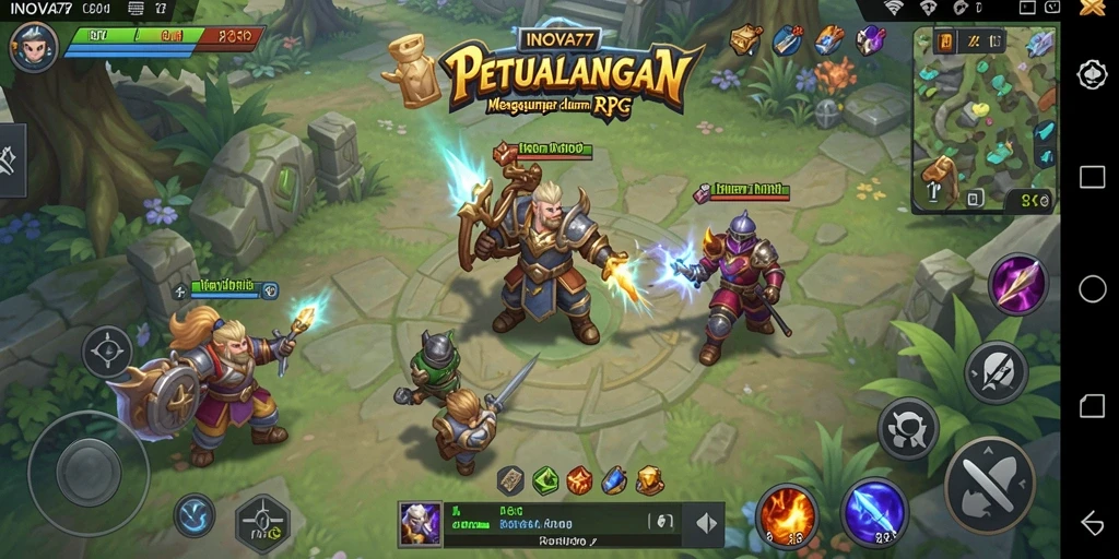 Tangkapan layar dari gameplay menarik INOVA77 dengan berbagai karakter dan dunia fantasi.